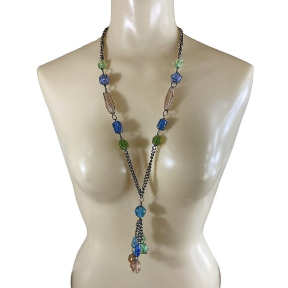 Vintage Caged Glass Bead Silver Tone Necklace Pink Green Blue - Picture 1 of 8